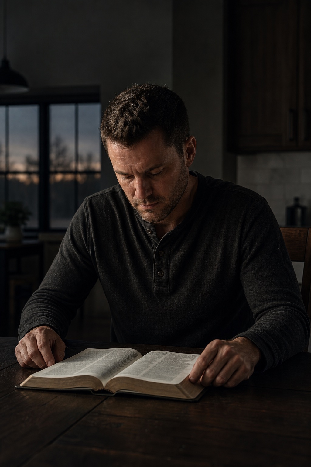 A man reading the Bible at a table before sunrise