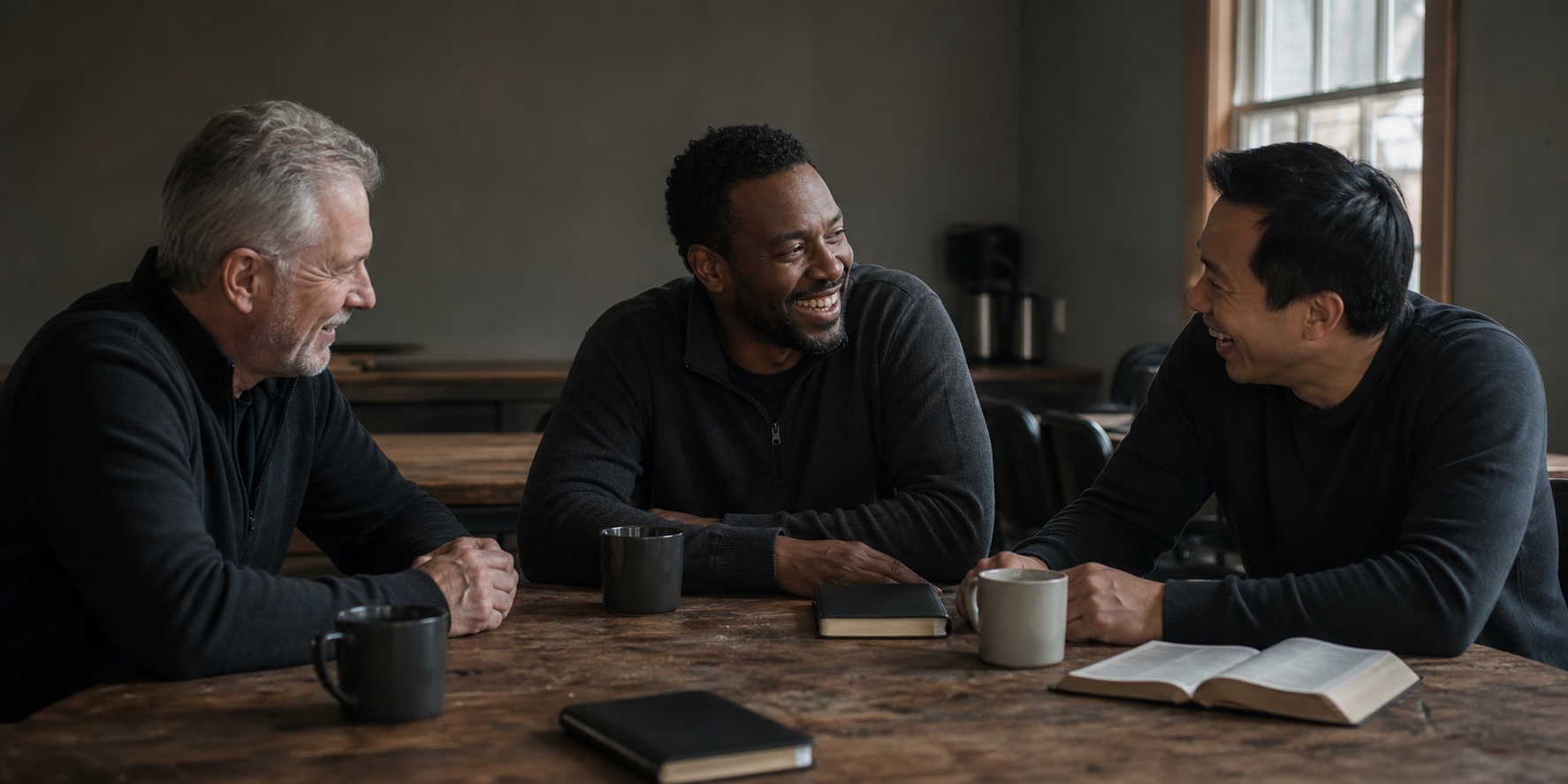 Three men sharing a laugh around a table after Bible study