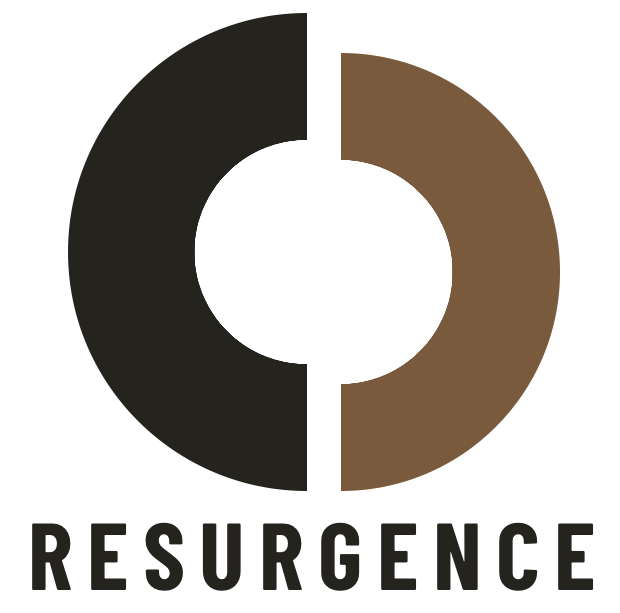 Resurgence symbol with two open circular forms and the Resurgence wordmark